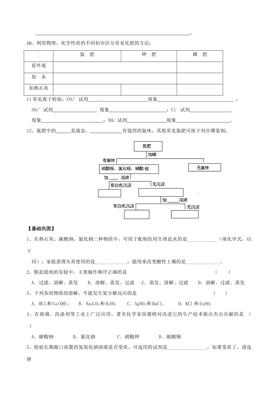 九年级化学下册 第十一单元 生活中常见的盐复习 人教新课标版试卷_第2页