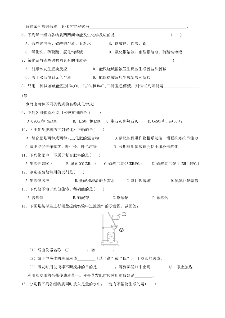 九年级化学下册 第十一单元 生活中常见的盐复习 人教新课标版试卷_第3页