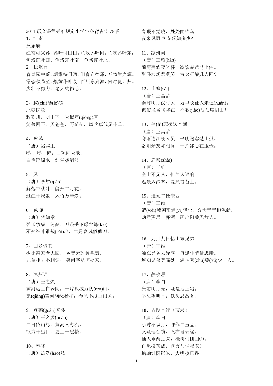 必背古诗75首(六年级考试必用)_第1页