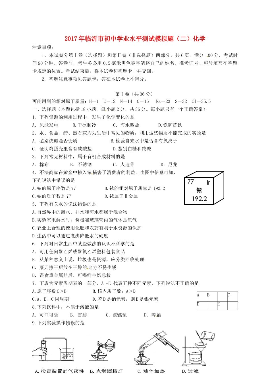 初中化学学业水平模拟测试试题2(无答案) 试题_第1页