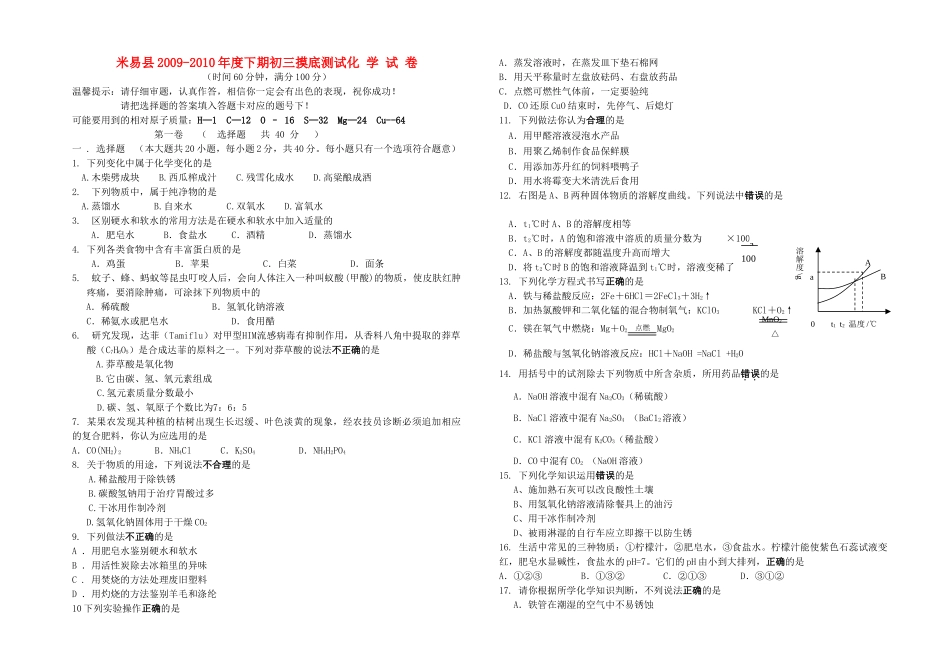 九年级化学下学期摸底测试 人教新课标版试卷_第1页