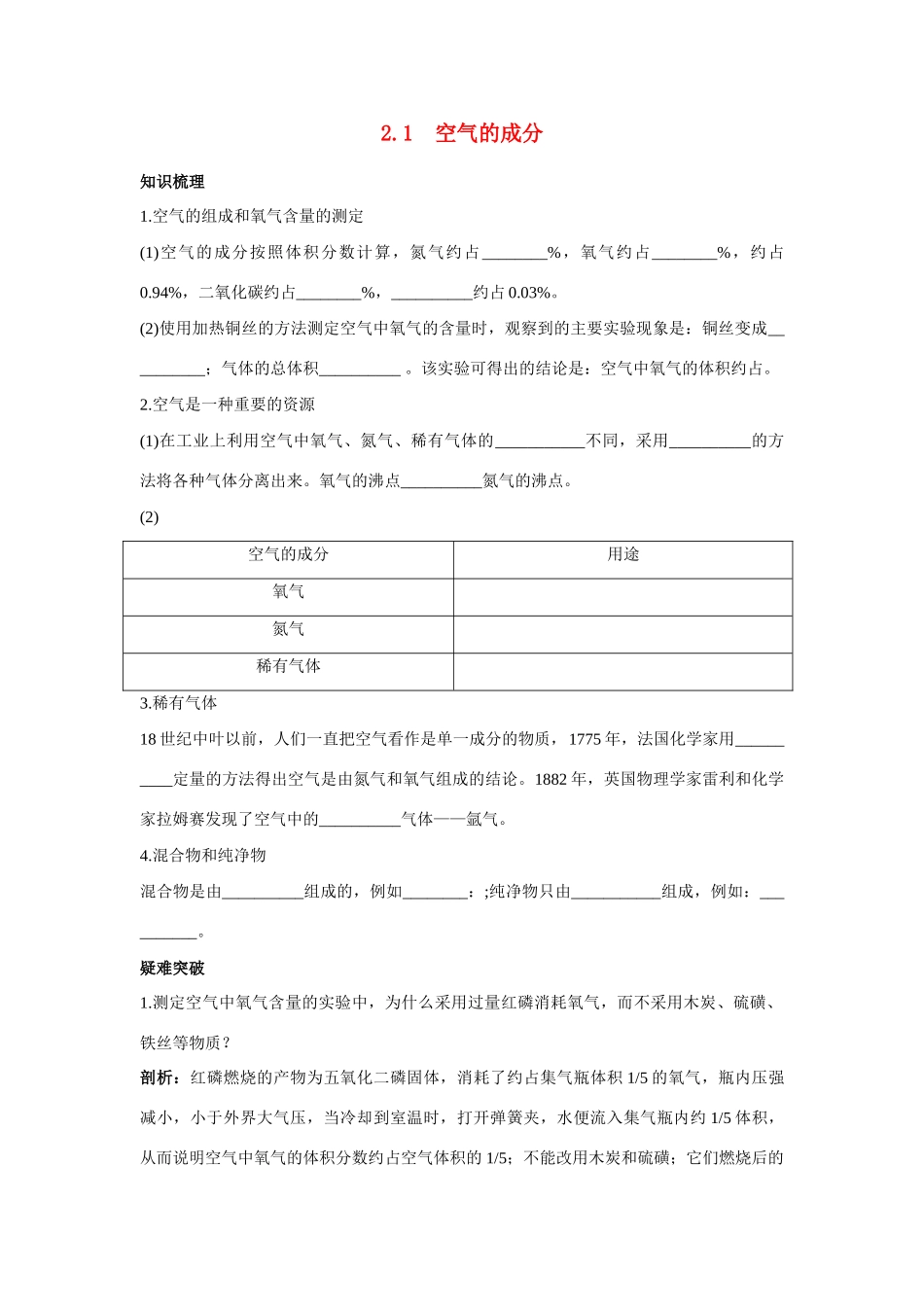 九年级化学上册 21空气的成分知识梳理与疑难解析 粤教版试卷_第1页