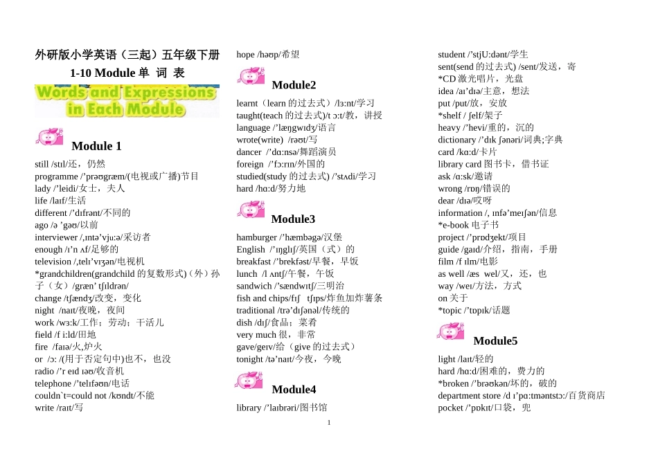外研版小学英语(三起)五年级下册单词表含音标_第1页