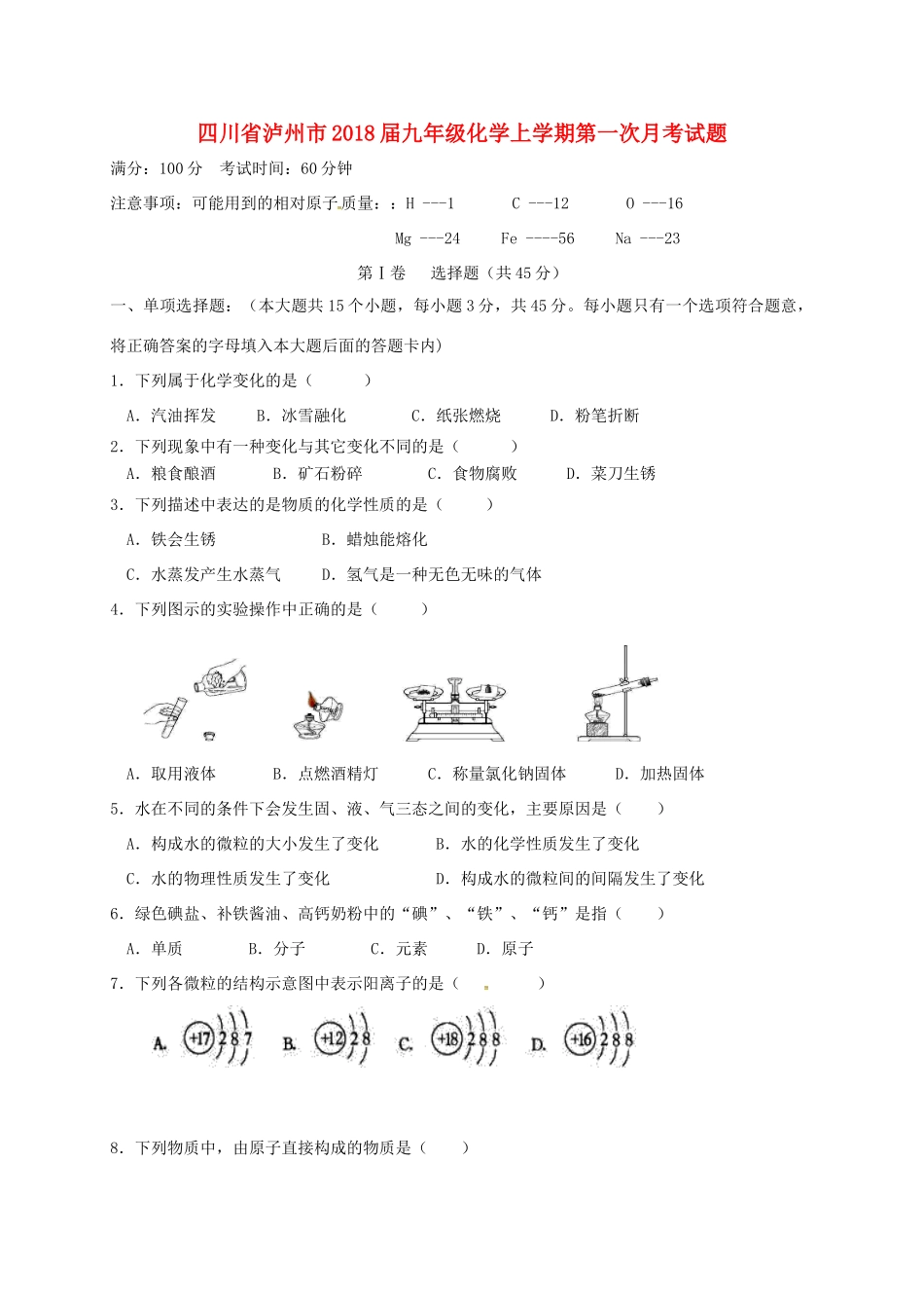 四川省泸州市届九年级化学上学期第一次月考试卷 新人教版试卷_第1页