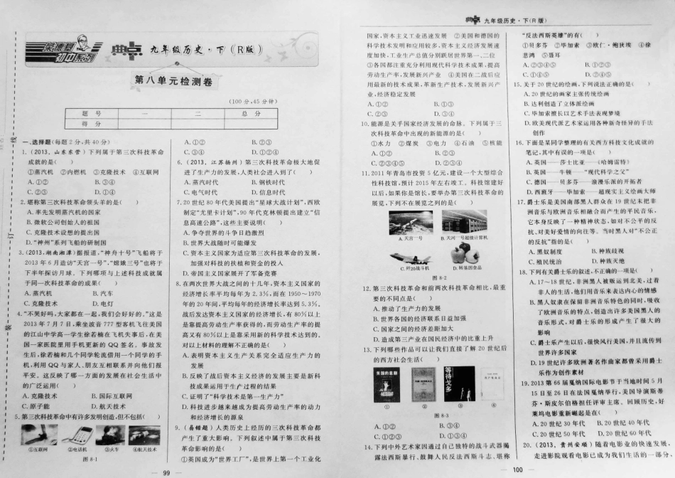 九年级历史下册 第八单元(现代科学技术与文化)达标检测卷(pdf) 新人教版试卷_第1页