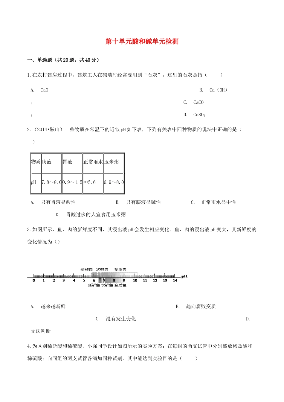 九年级化学下册 第十单元 酸和碱单元检测 (新版)新人教版试卷_第1页