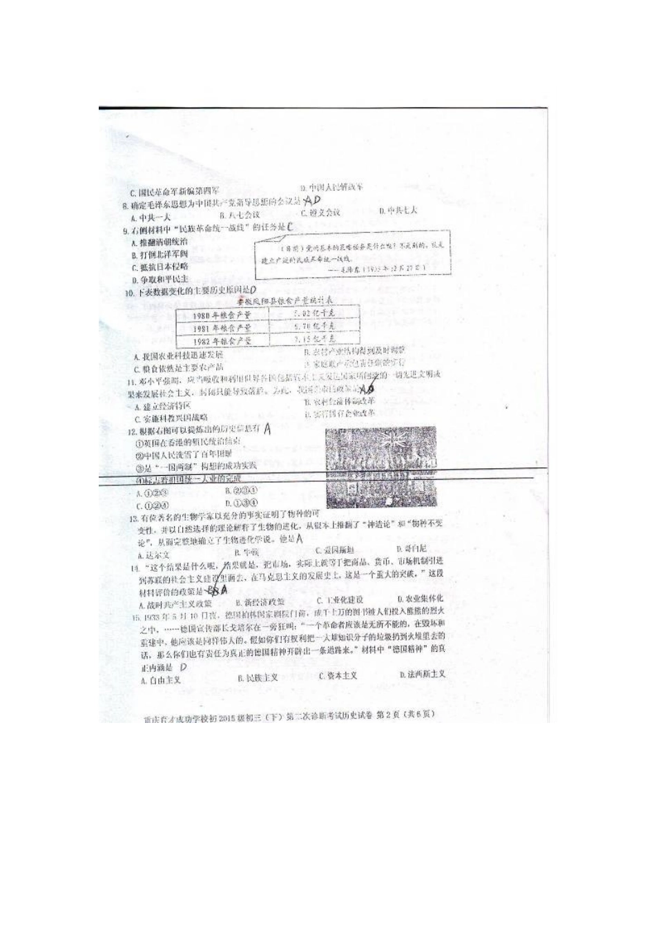 九年级历史下学期第二次诊断检测试卷(扫描版，无答案)试卷_第2页