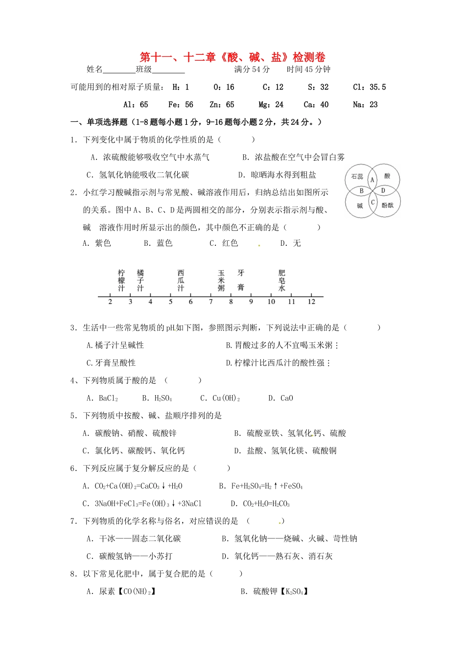 九年级化学下册 第十一、十二章 酸、碱、盐综合测试卷 新人教版试卷_第1页