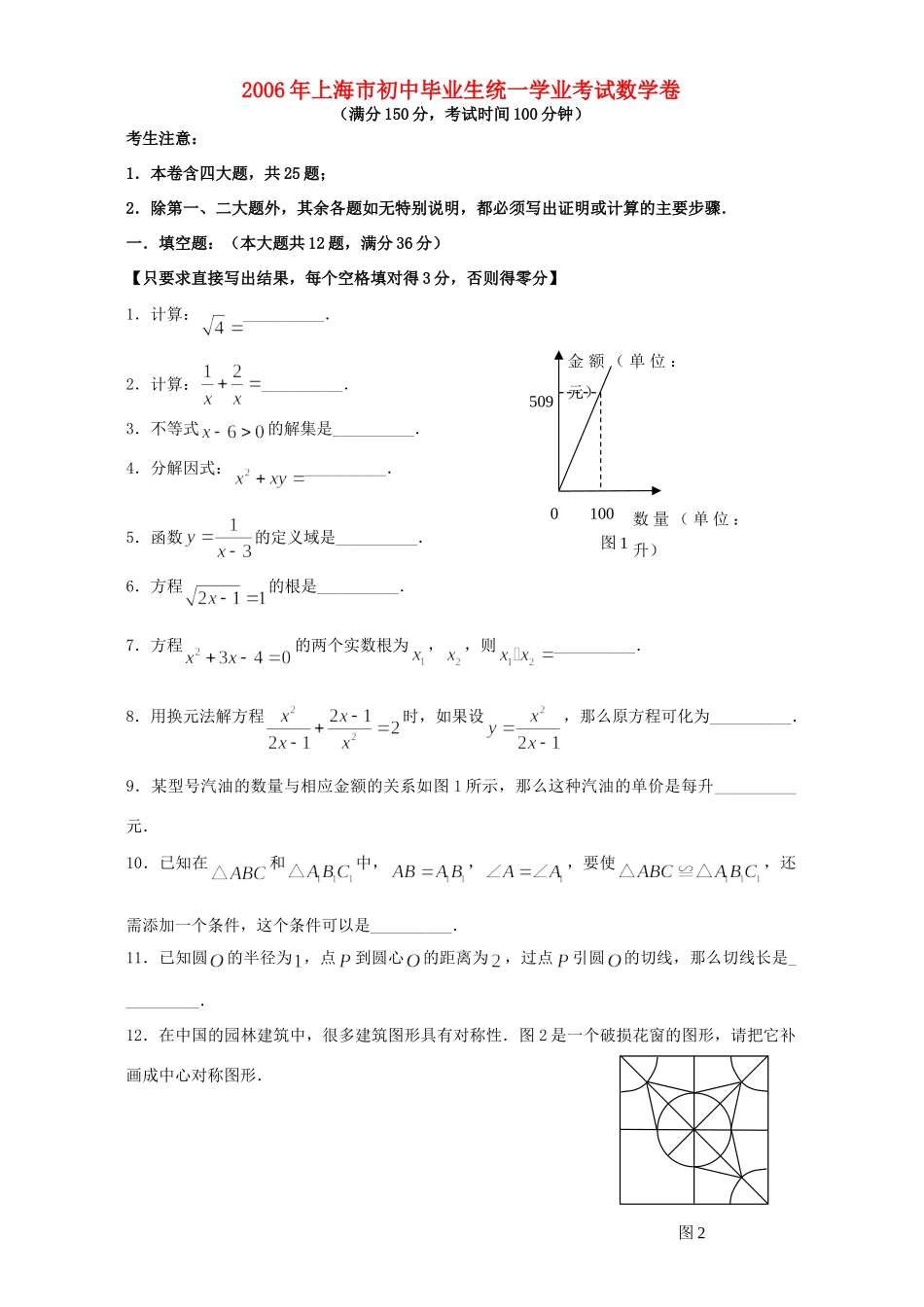 初中毕业生统一学业考试数学卷 上教版 试题_第1页