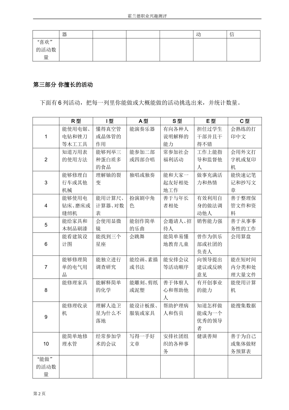 霍兰德职业兴趣测评(二)详细量表下载_第2页
