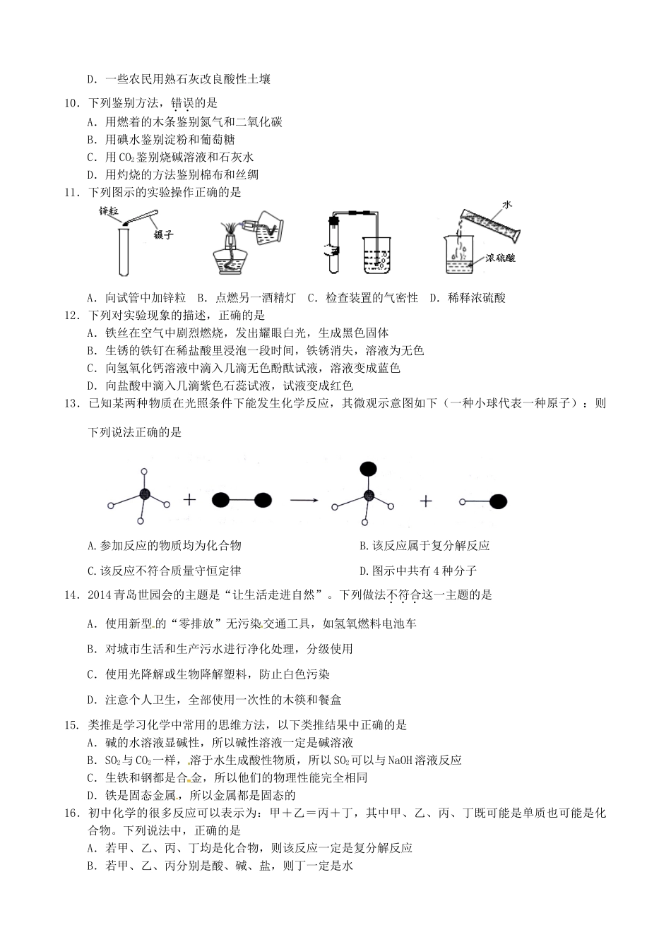 九年级化学3月第一次模拟考试试卷试卷_第2页
