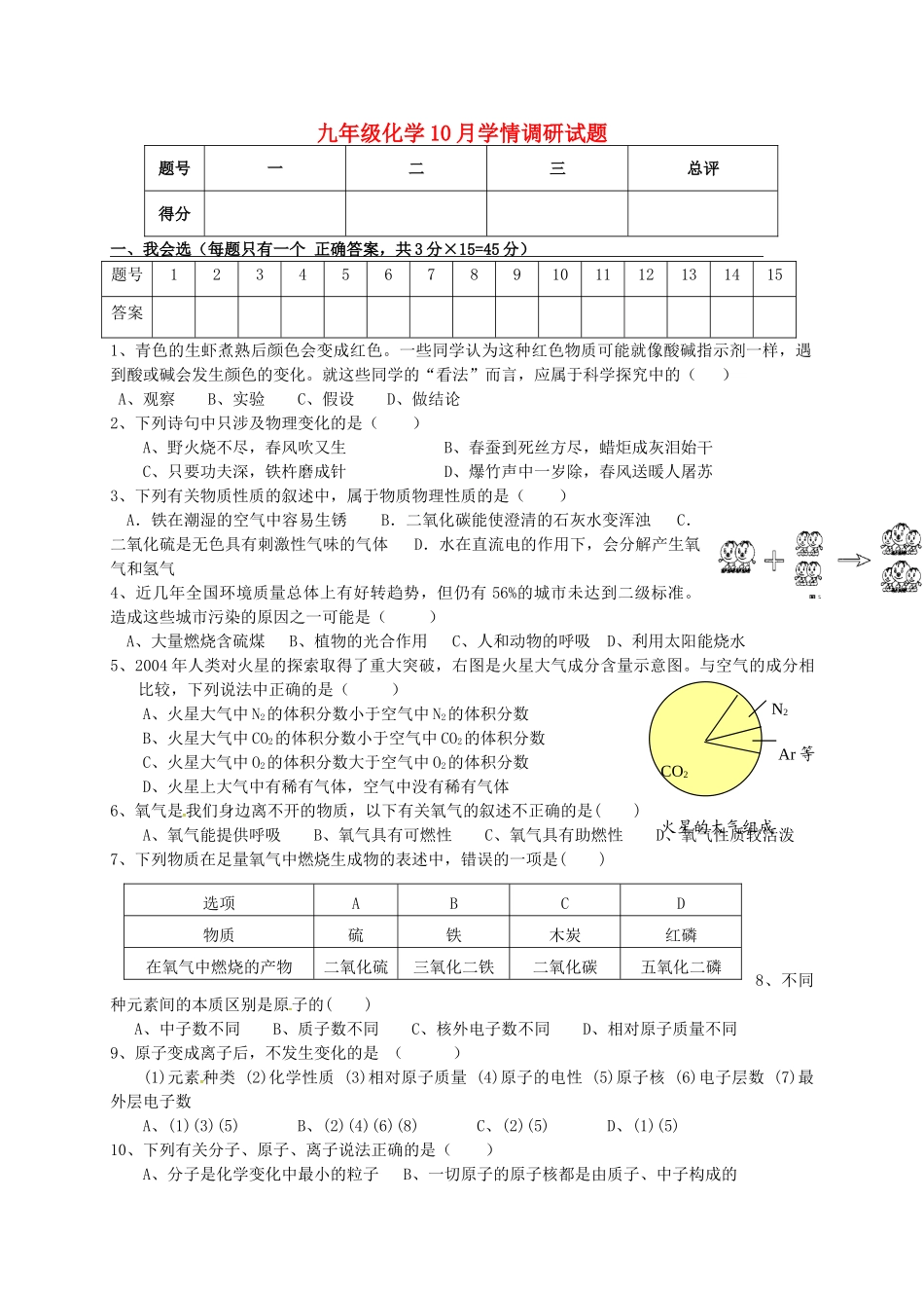 九年级化学10月学情监测试卷 新人教版试卷_第1页