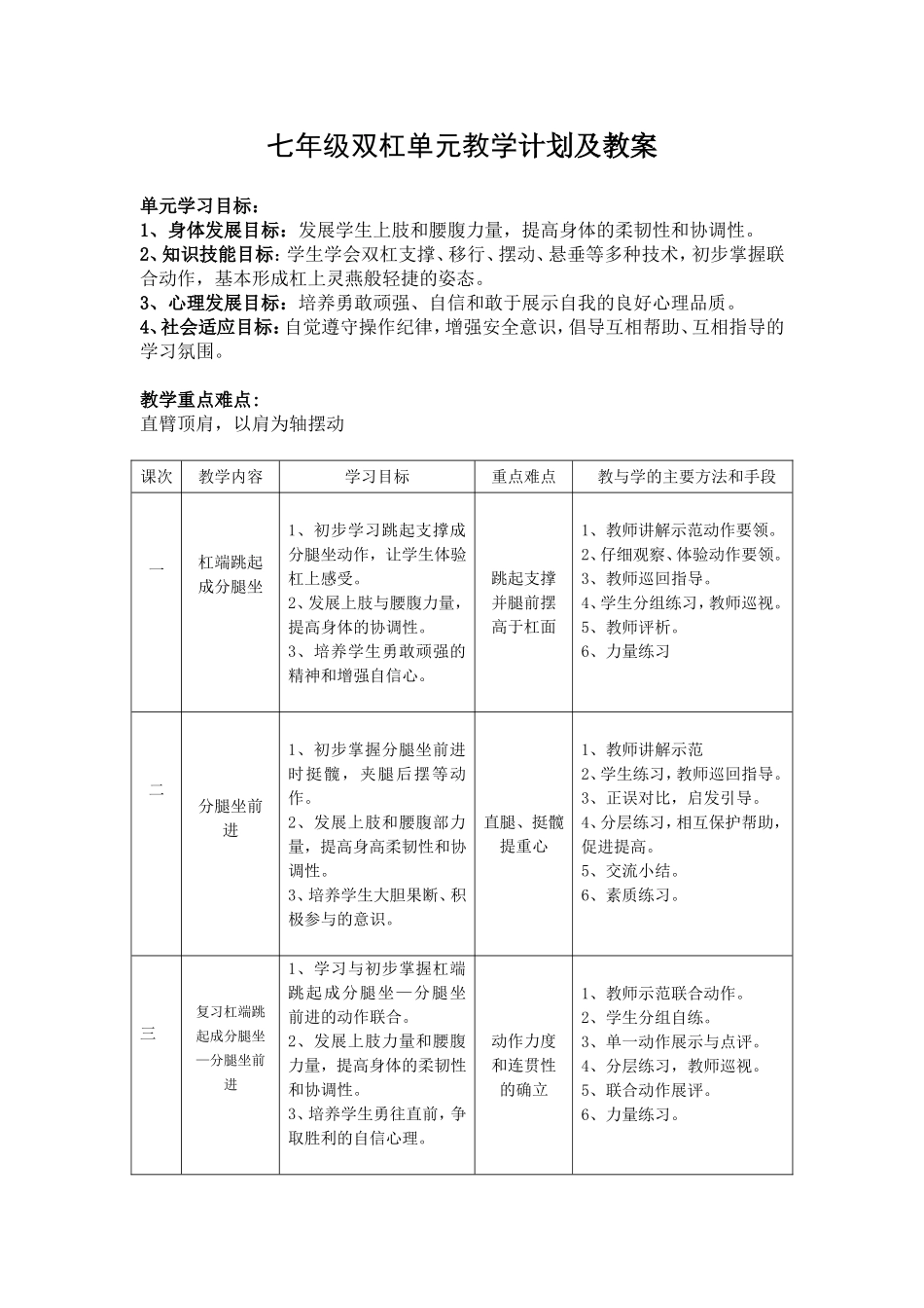 七年级双杠单元教学计划及教案_第1页