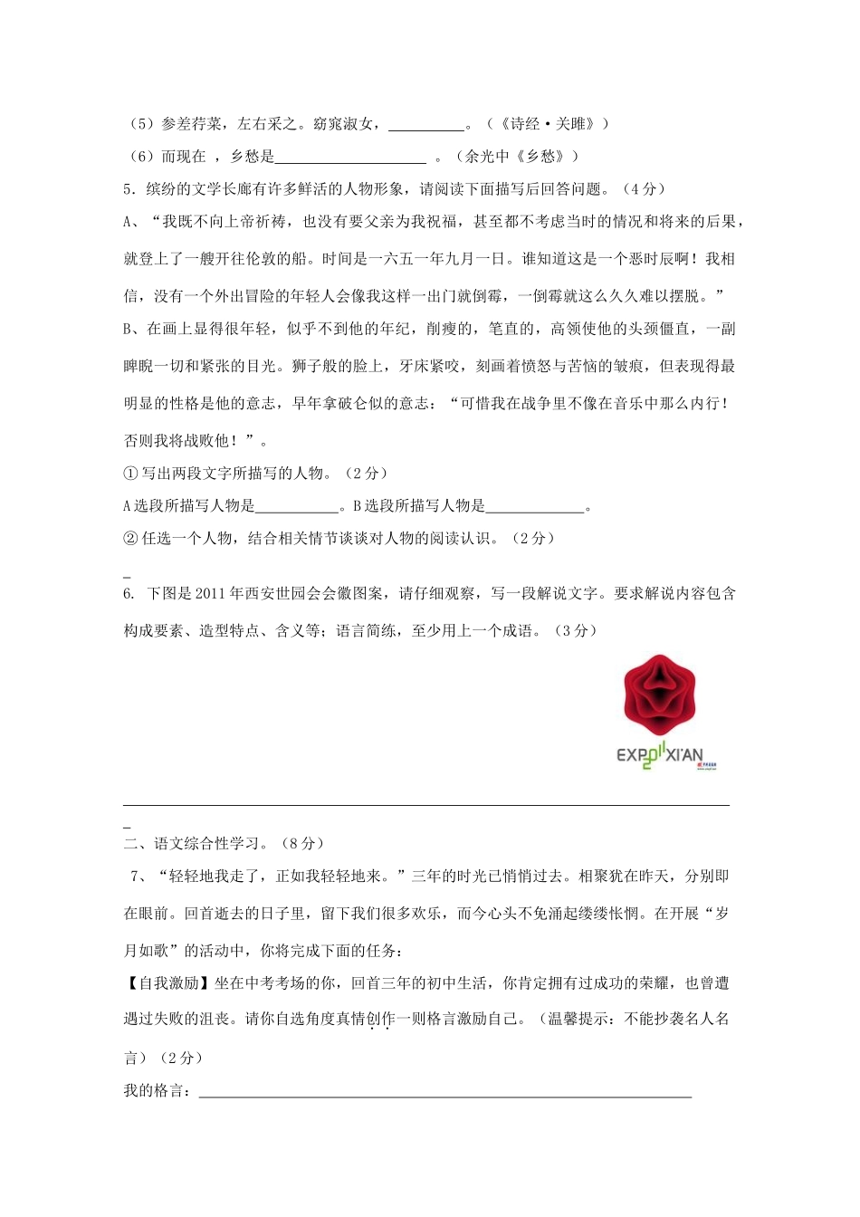 中考语文模拟试卷(八) 人教新课标版试卷_第2页