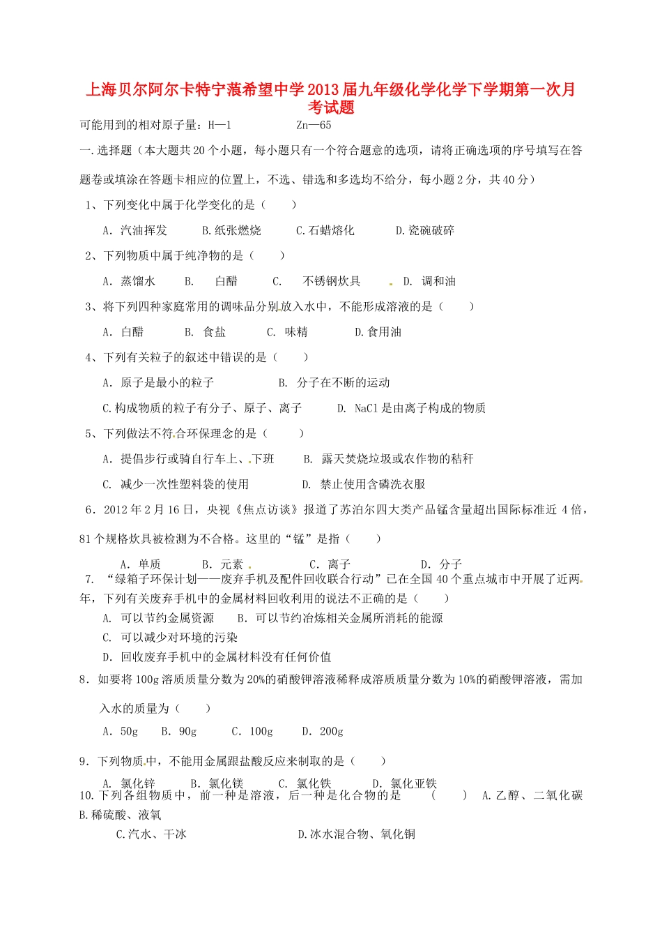 九年级化学化学下学期第一次月考试卷试卷_第1页