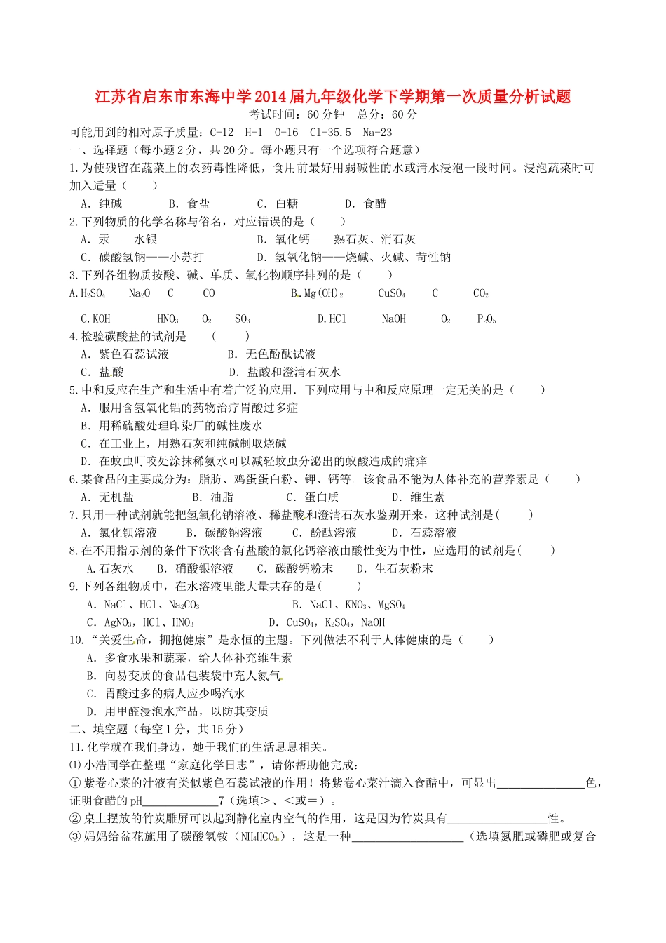 九年级化学下学期第一次质量分析试卷试卷_第1页