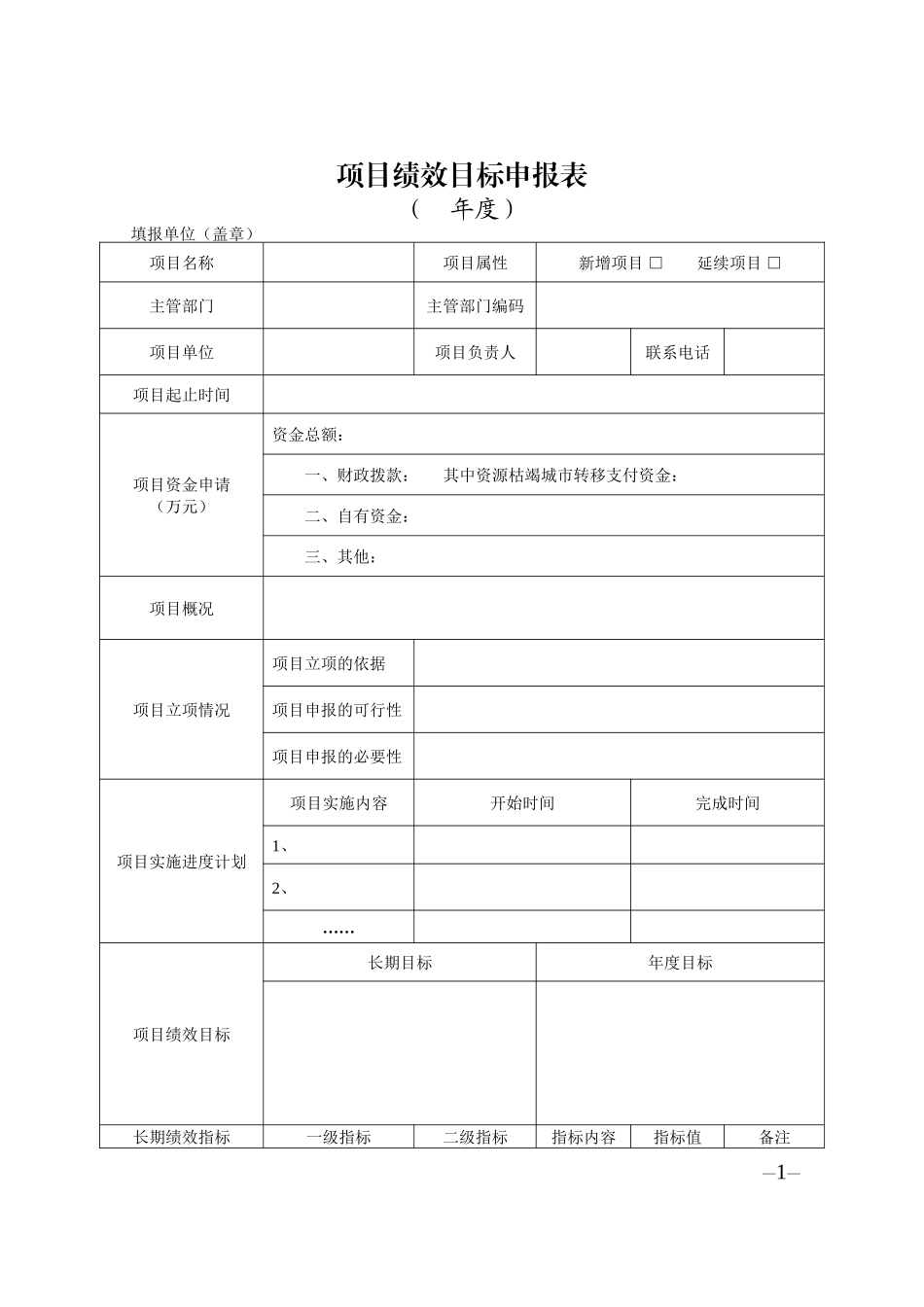 项目绩效目标申报表模板_第1页