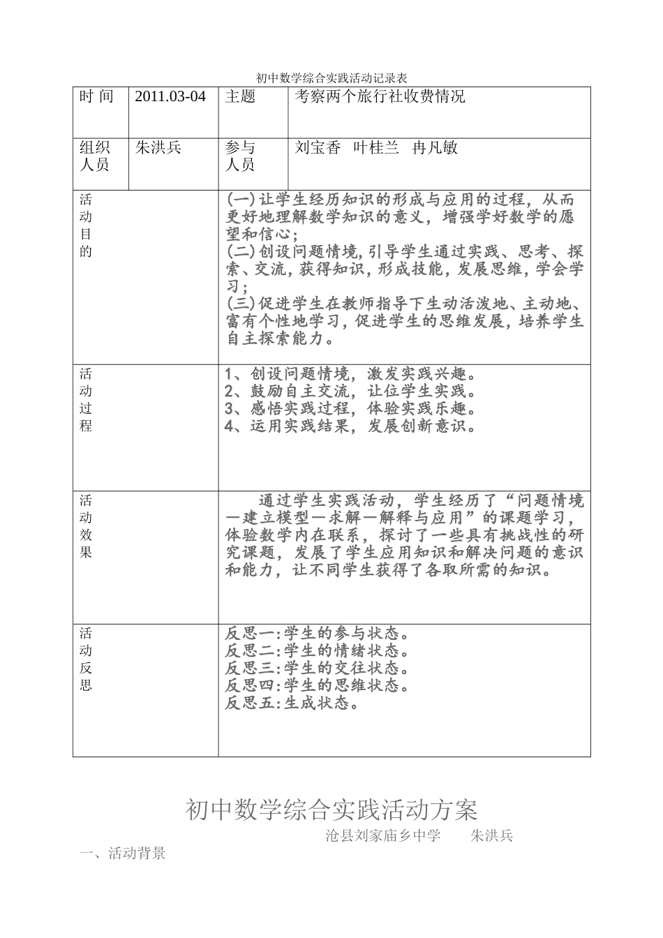 初中数学综合实践活动记录表_第1页