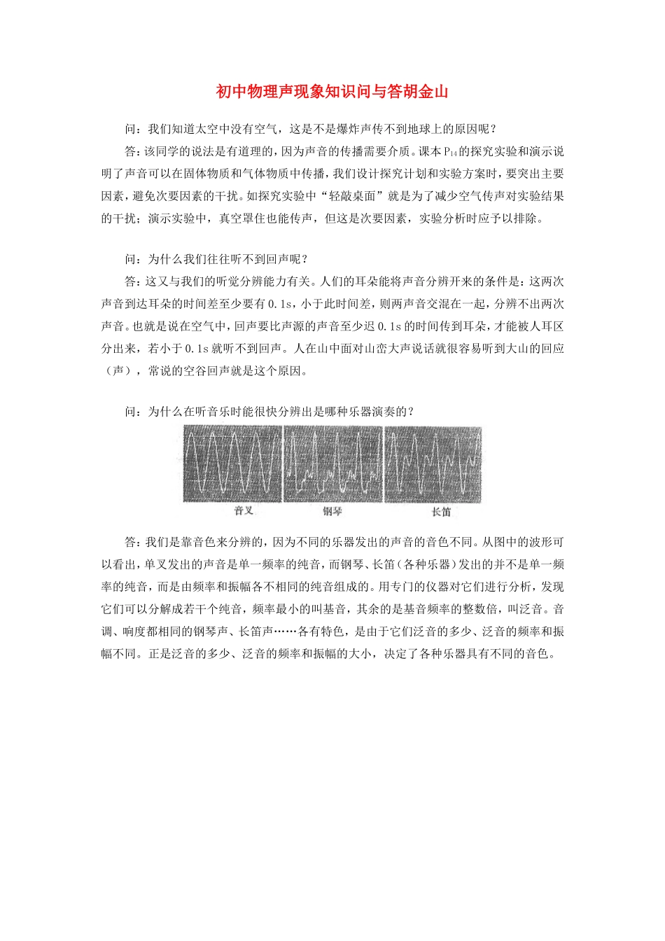 初中物理声现象知识问与答胡金山学法指导 试题_第1页