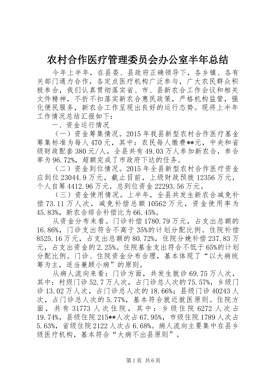 农村合作医疗管理委员会办公室半年总结 _第1页