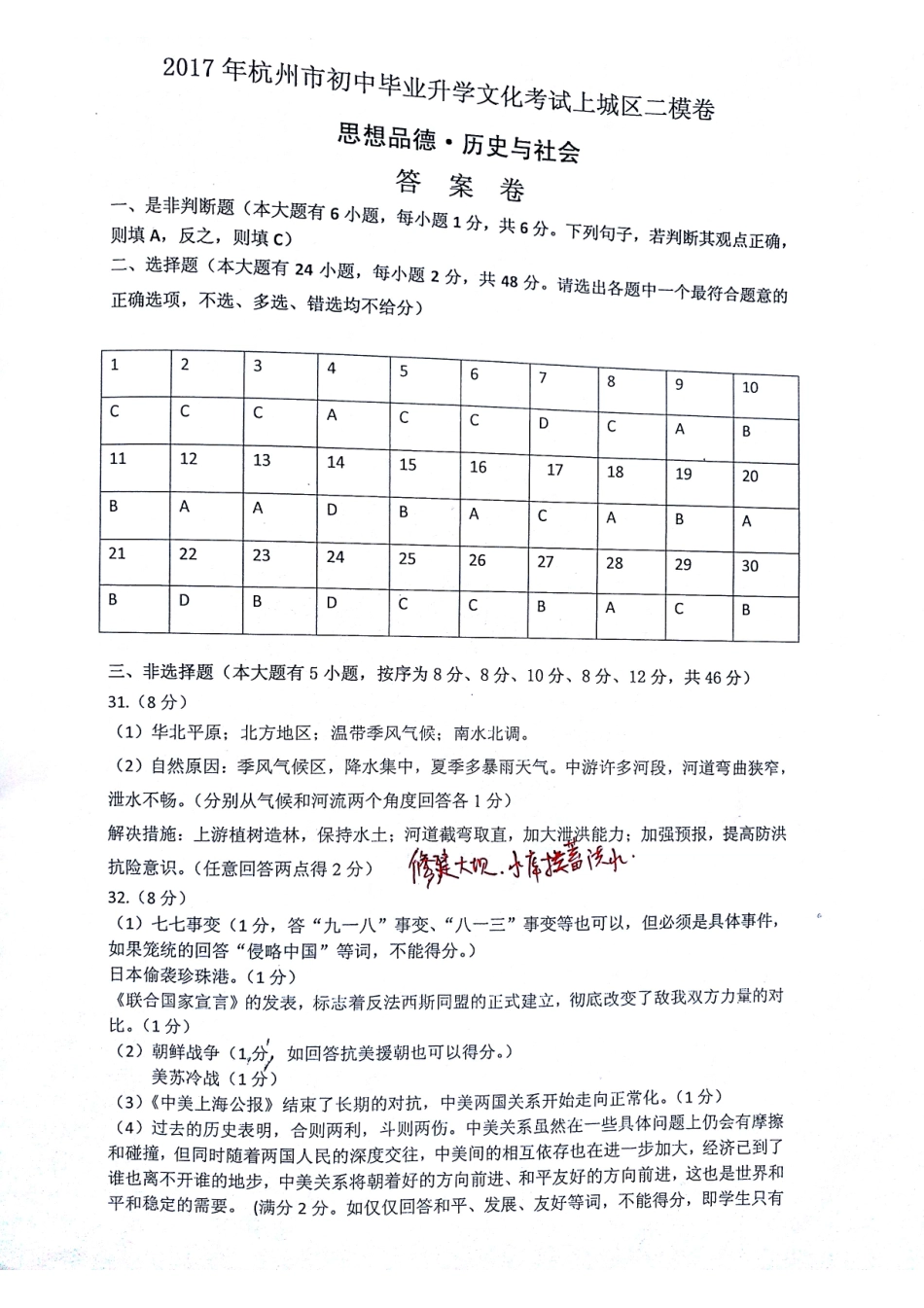 九年级历史社会与思品第二次模拟试卷答案(pdf) 0519211_第1页