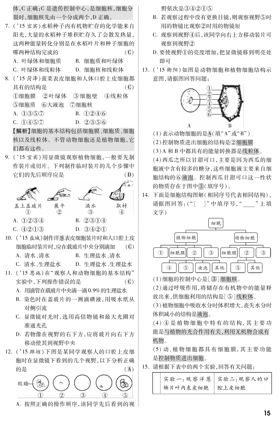 中考生物 第一部分 教材知识梳理 第2单元 第3章 细胞是生命活动的基本单位复习专题综合训练(pdf，含解析) 苏教版试卷_第2页