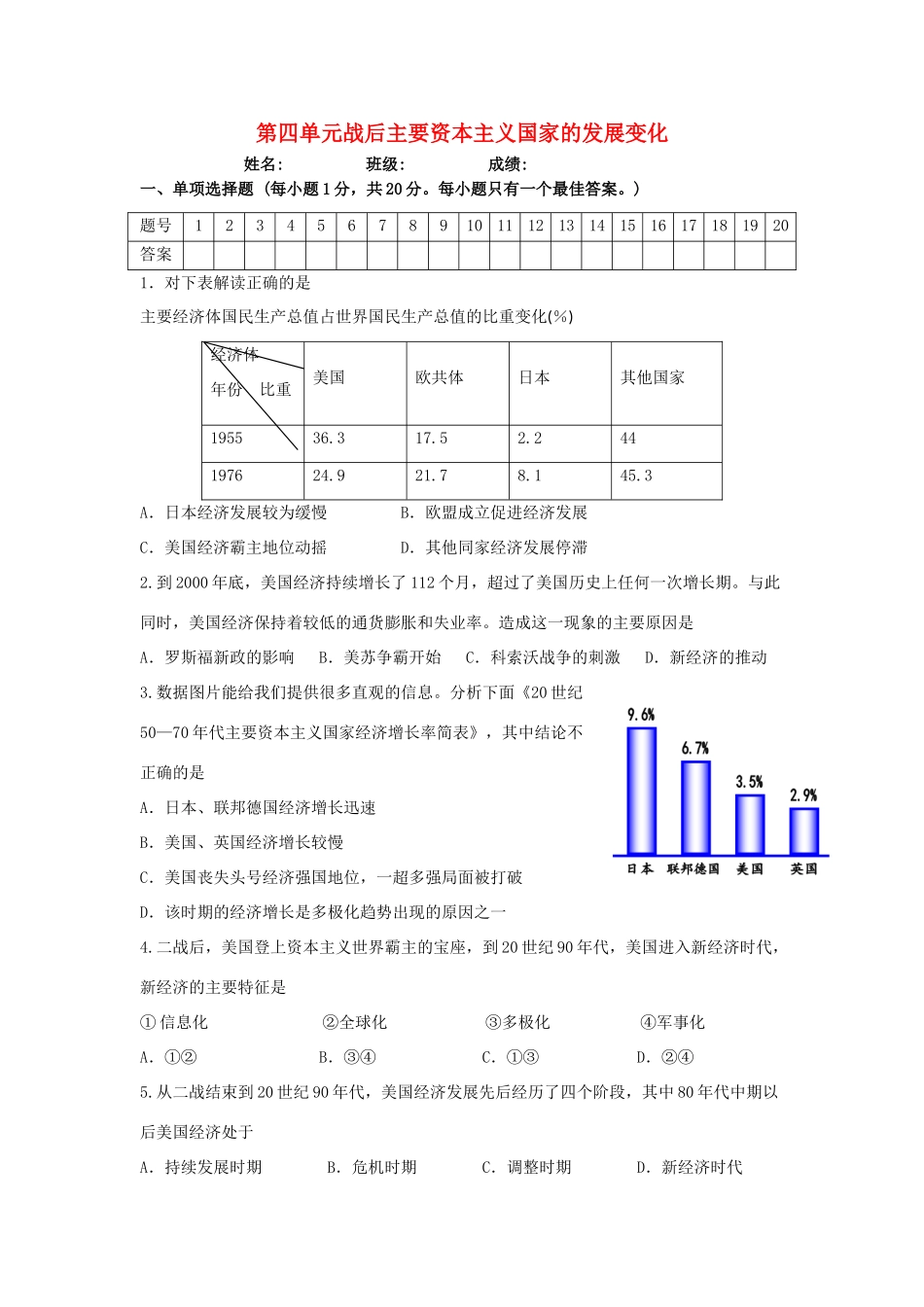 九年级历史下册 第4单元 战后主要资本主义国家的发展变化测试卷(B卷) 新人教版试卷_第1页