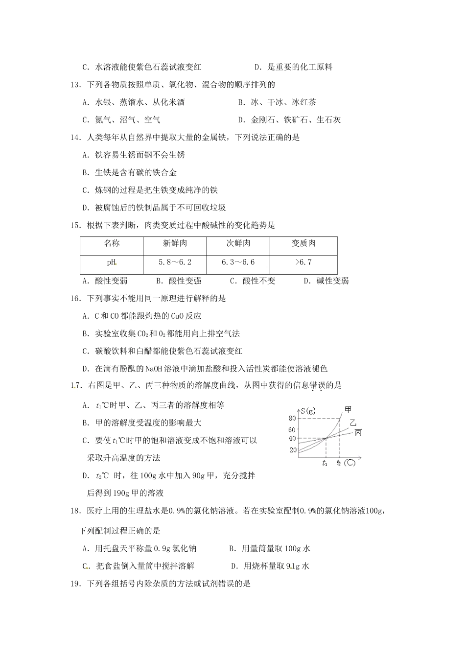 九年级化学中考一模综合试卷_第3页