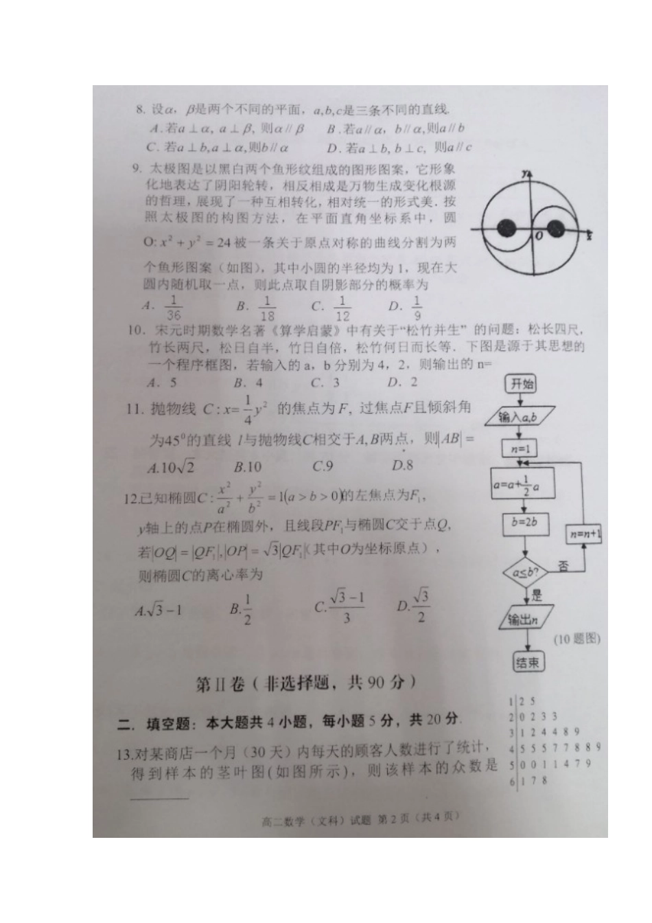 四川省广安市 高二数学上学期期末考试试卷 文(扫描版，无答案)试卷_第2页