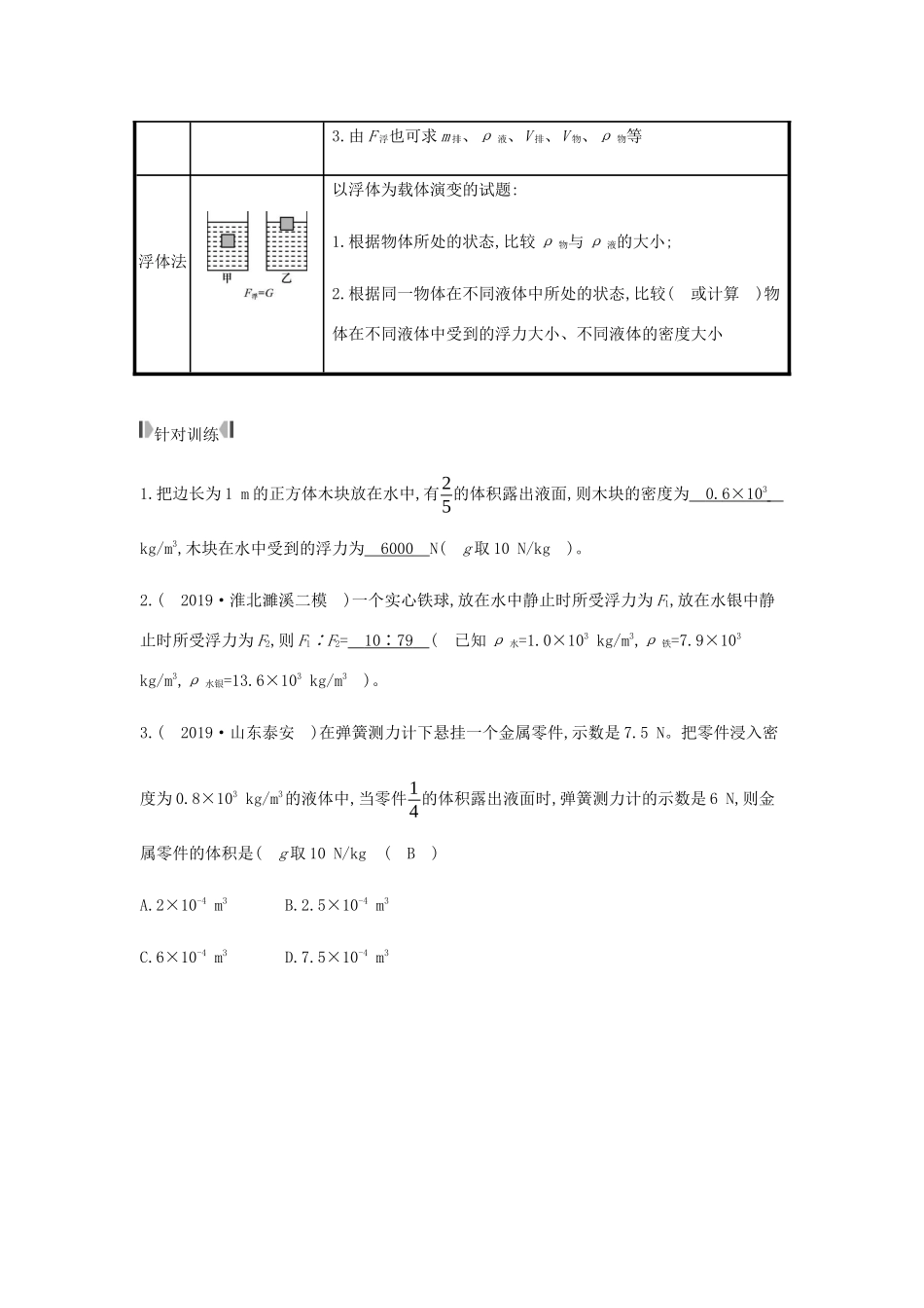 中考物理总复习 模块四 力学 微专题一 计算浮力的方法试卷_第2页