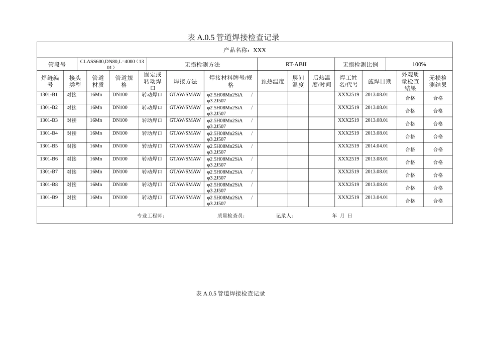 表A.0.5管道焊接检查记录_第1页