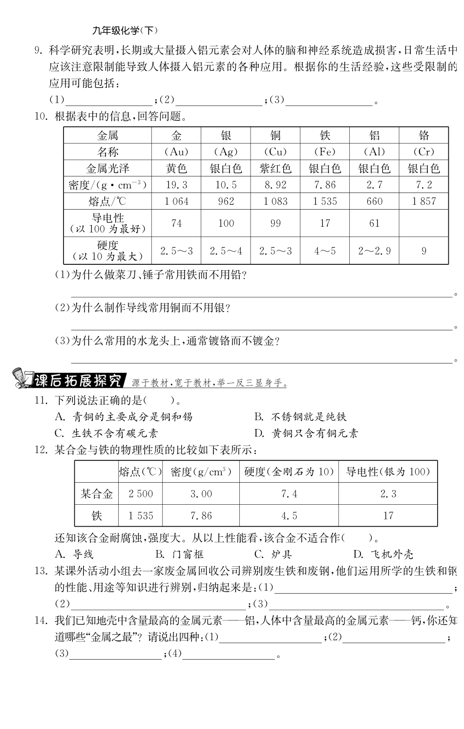 九年级化学全册 91 常见的金属材料(第1课时)测试卷(课前自主梳理课堂合作研习课后拓展探究，pdf)(新版)鲁教版试卷_第2页