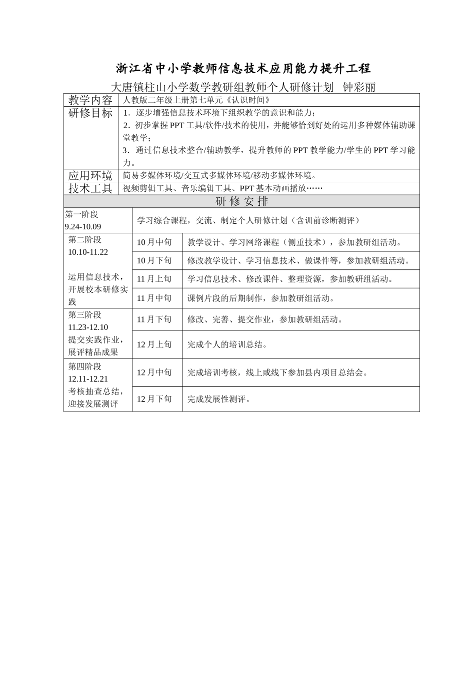 诸暨市大唐镇柱山小学钟彩丽个人研修计划_第1页