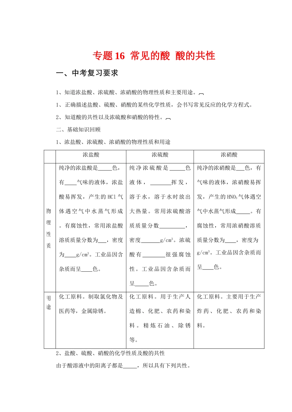 初中化学中考复习专题16  常见的酸 酸的共性 试题_第1页