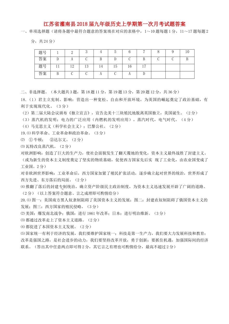 九年级历史上学期第一次月考试卷答案 北师大版 江苏省灌南县九年级历史上学期第一次月考试卷(pdf) 北师大版_第1页