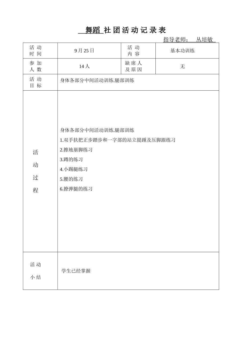 舞蹈社团活动记录表_第1页