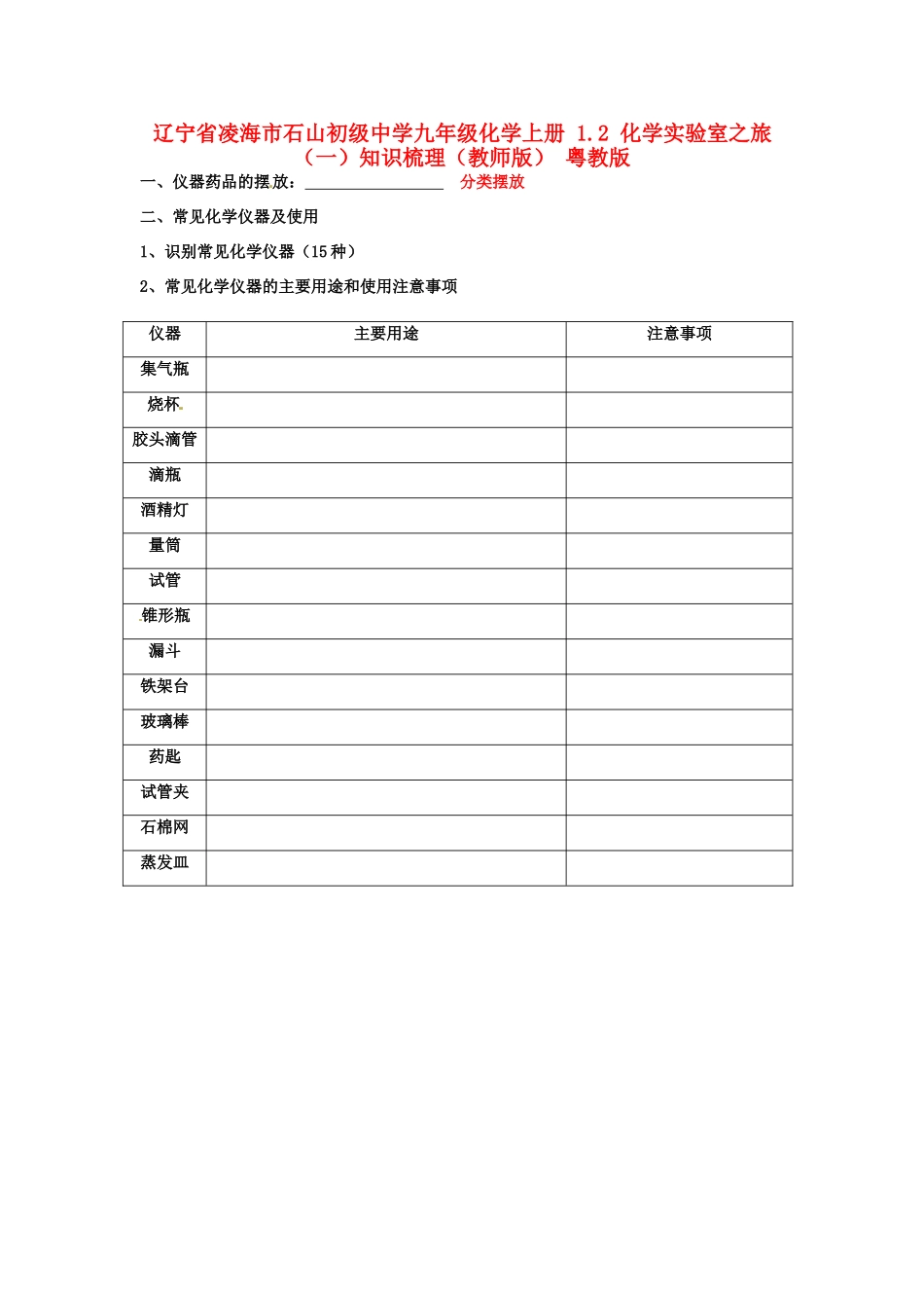 九年级化学上册 12 化学实验室之旅(一)知识梳理(教师版) 粤教版试卷_第1页