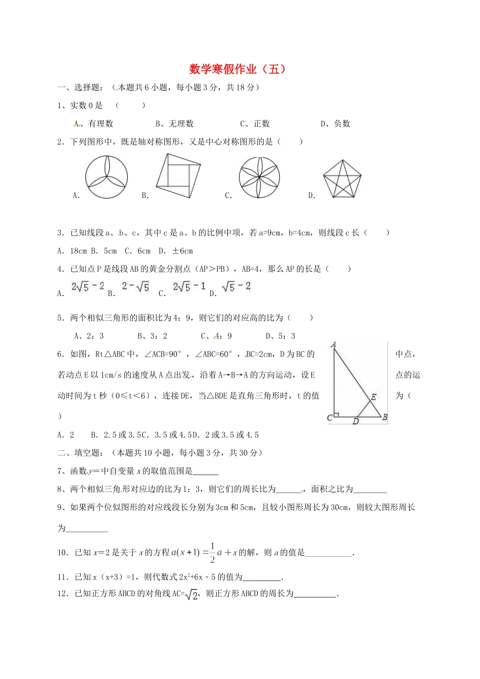 九年级数学上学期寒假作业(五) 苏科版试卷_第1页