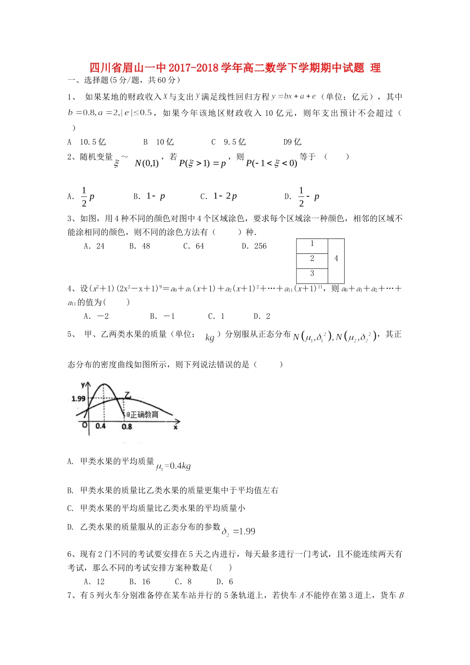 四川省眉山一中 高二数学下学期期中试卷 理试卷_第1页