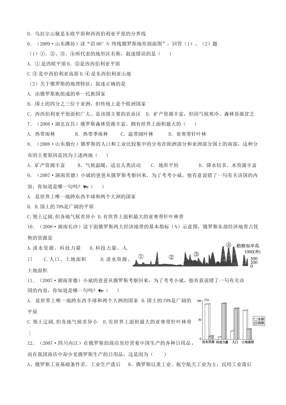 四川泸州外国语级八年级地理下学期结业考试资料 专题四 世界区域地理——俄罗斯(1)试卷_第2页