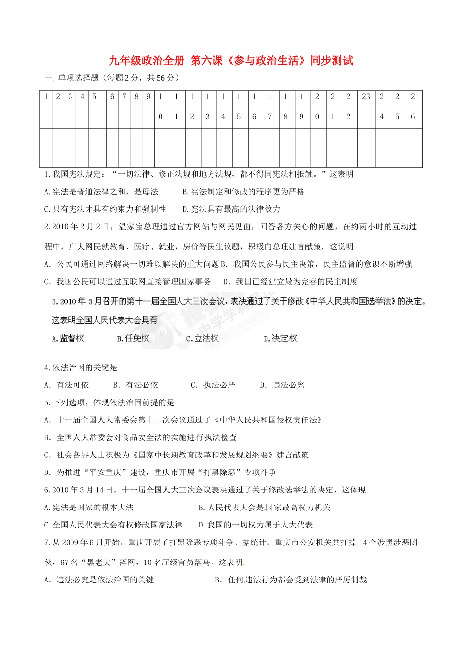 九年级政治全册 第六课(参与政治生活)同步测试 新人教版试卷_第1页