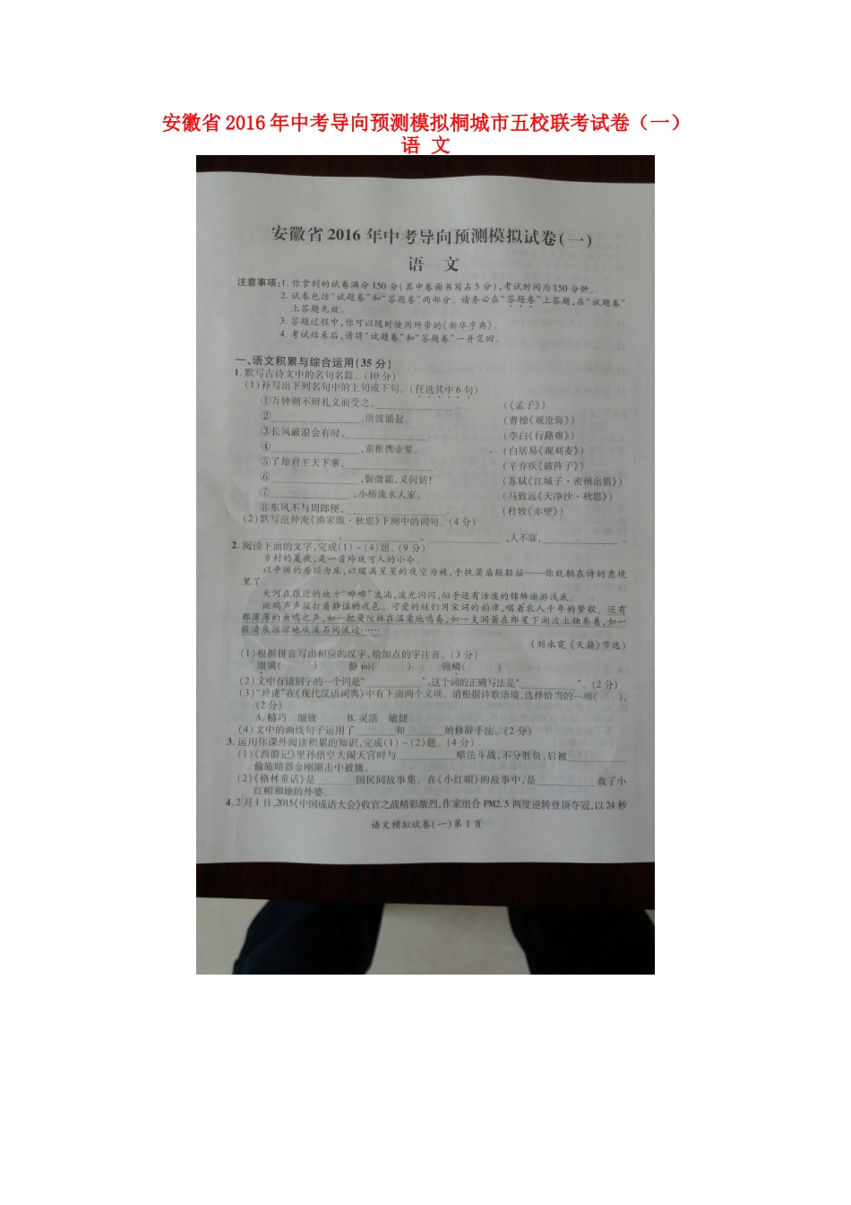 中考语文导向预测模拟试卷(一)试卷_第1页