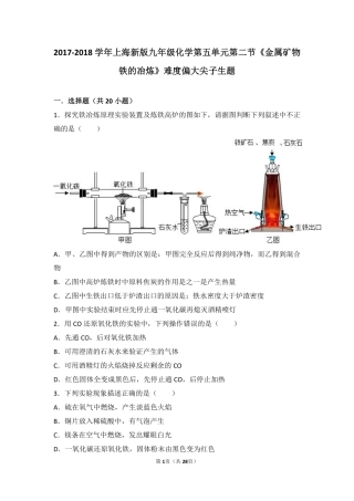 九年级化学上册 第五章 金属的冶炼与利用 第二节(金属矿物 铁的冶炼)难度偏大尖子生题(pdf，含解析)(新版)沪教版试卷