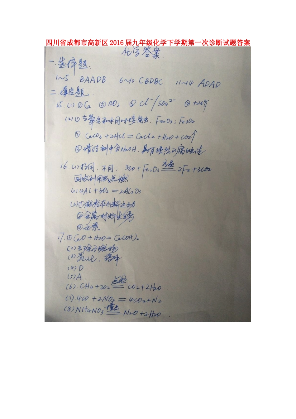 九年级化学下学期第一次诊断试卷答案 四川省成都市高新区九年级化学下学期第一次诊断试卷(pdf)_第1页
