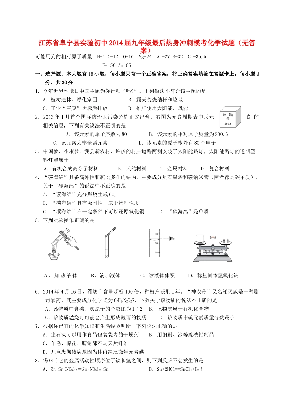 九年级化学最后热身冲刺模考试卷试卷_第1页