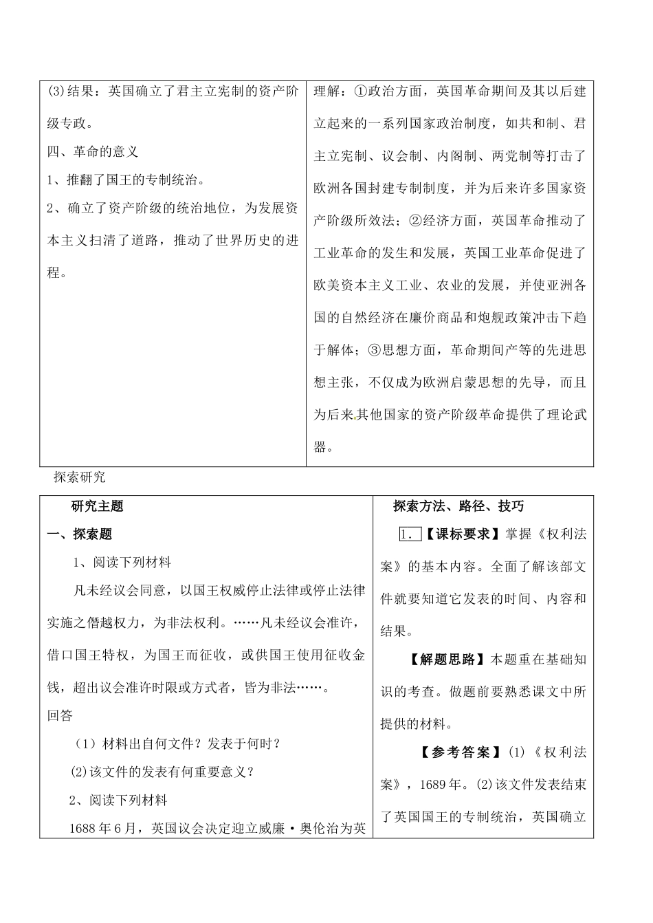 九年级历史上册(第11课 英国资产阶级革命)预习课 新人教版试卷_第3页