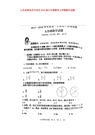 九年级数学上学期期中试卷(扫描版，无答案) 北师大版试卷