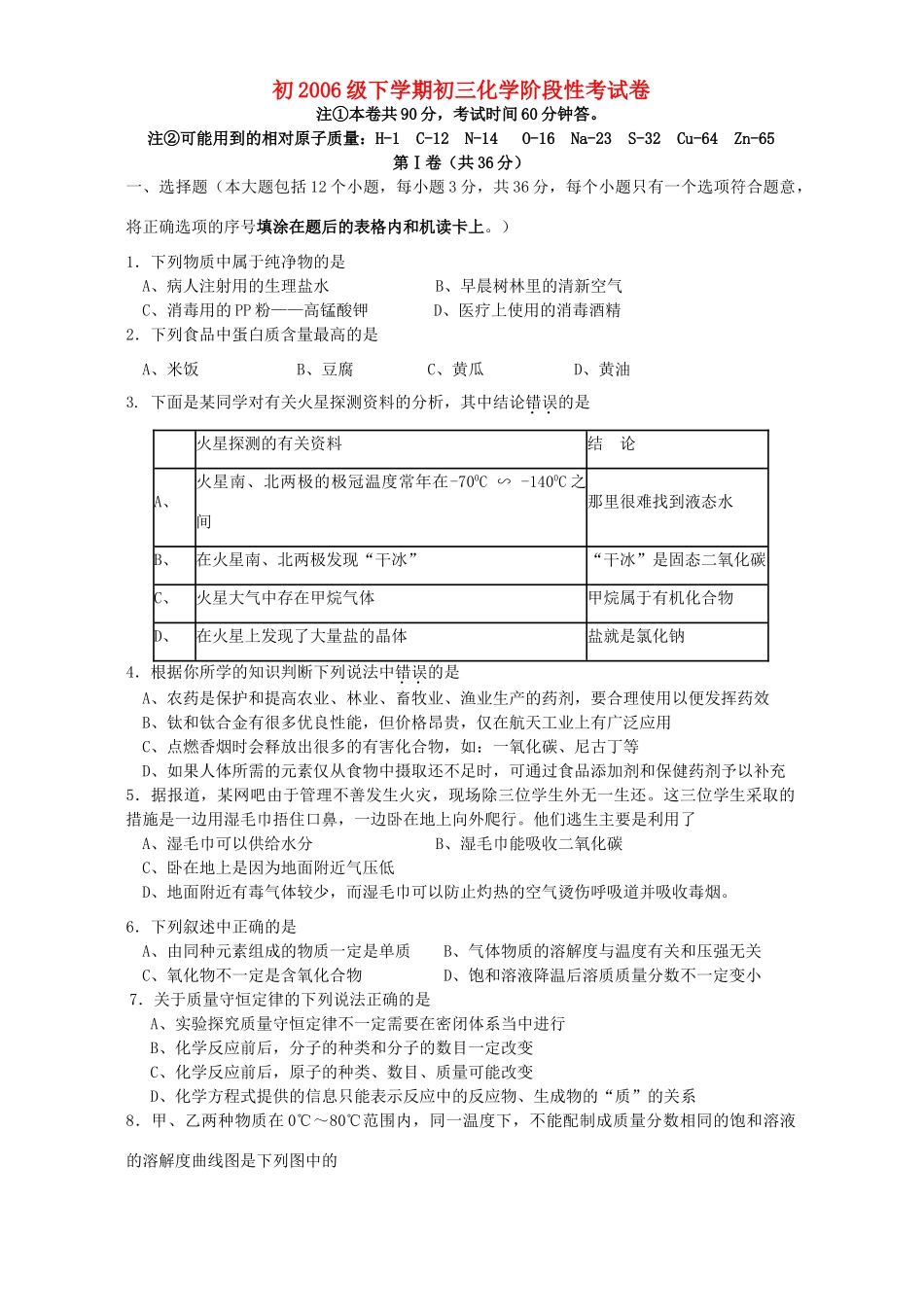 初九年级下学期初三化学阶段性考试卷 新课标 人教版 试题_第1页