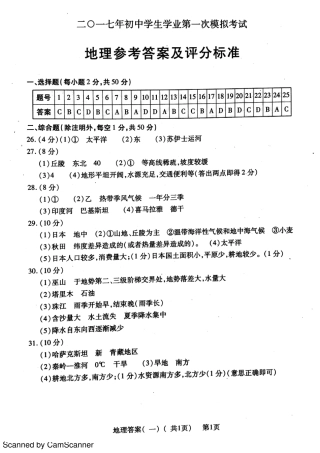 九年级地理下学期第一次模拟试卷答案(pdf) 0405211