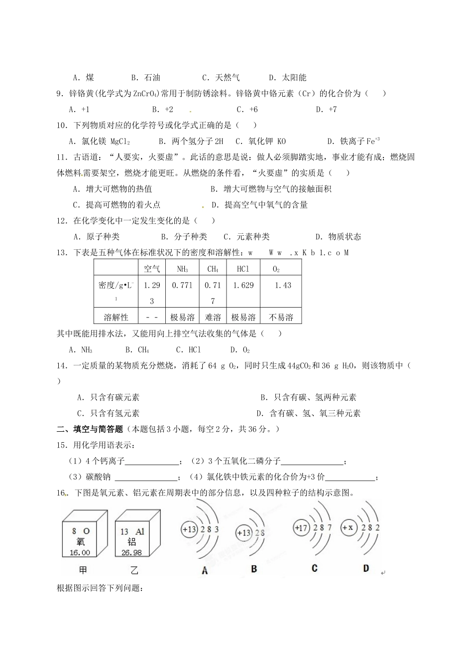 九年级化学下学期第三学月考试试卷试卷_第2页